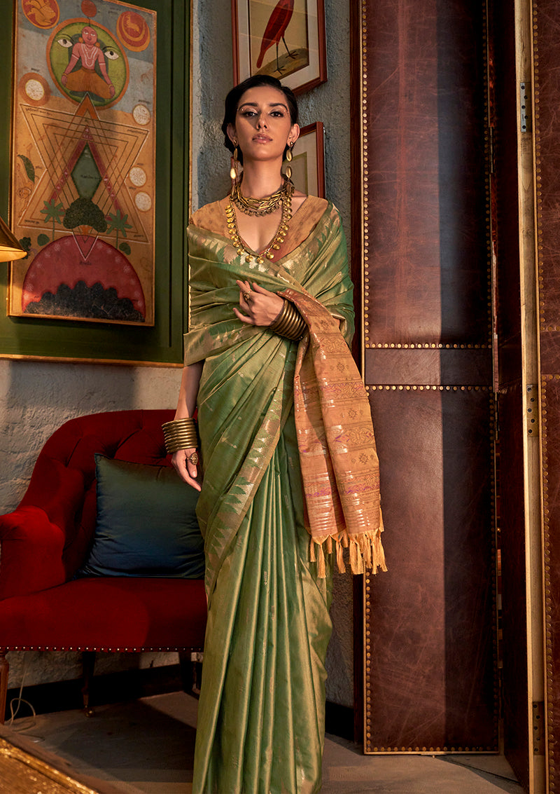 Green Tussar Silk Traditional Saree with Intricate Weaving
