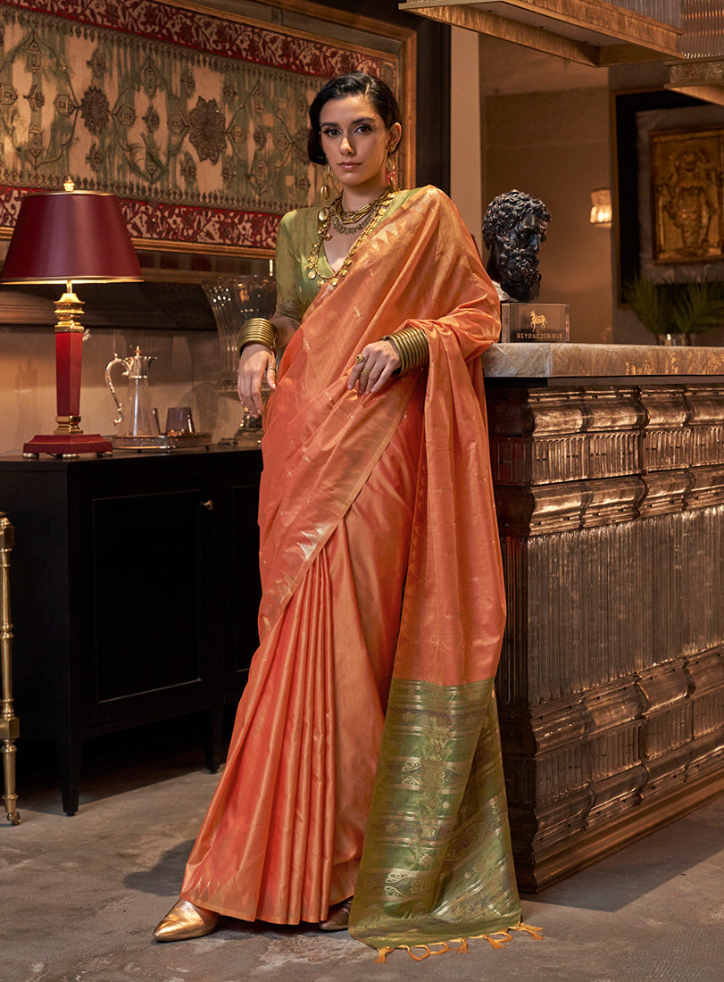 Orange Tussar Silk Saree with Traditional Weaving Details