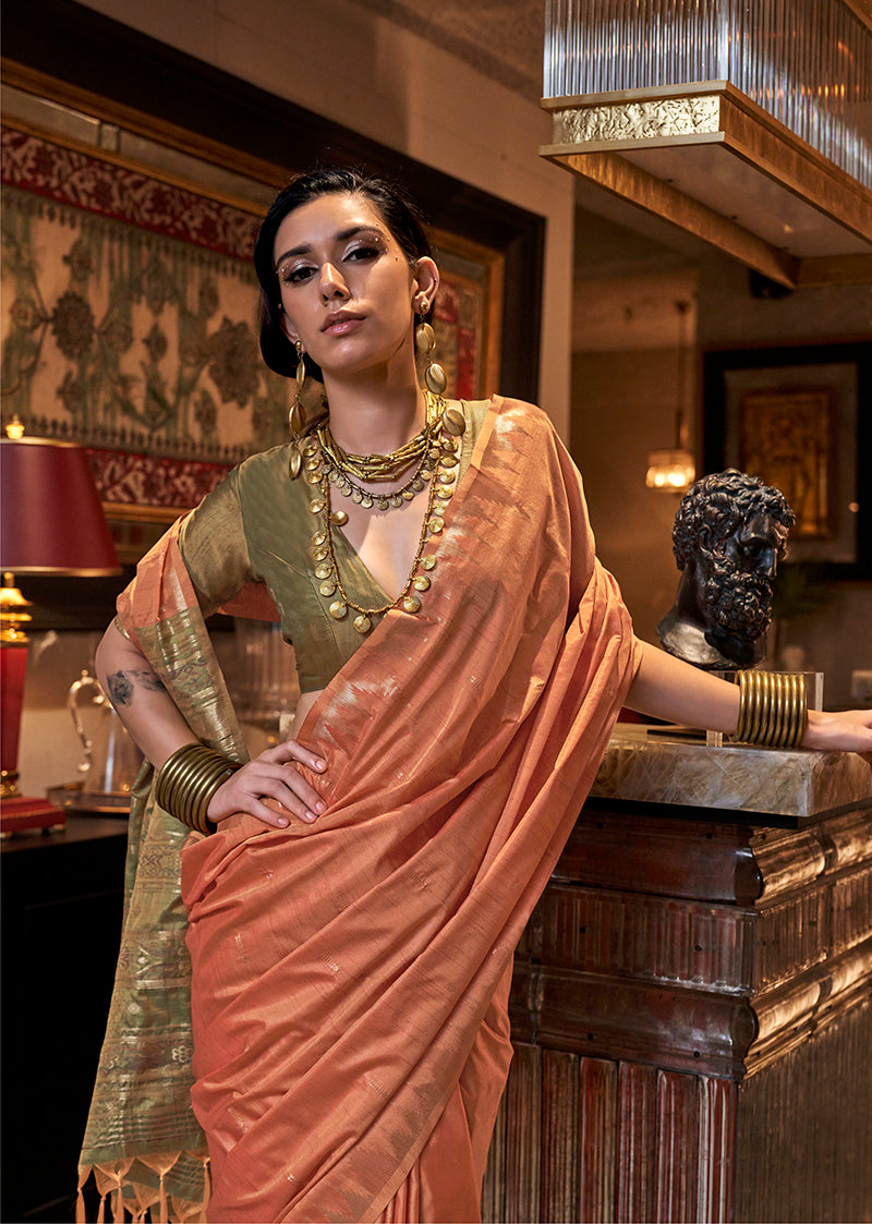 Vibrant orange Tussar silk traditional saree with elegant weaving