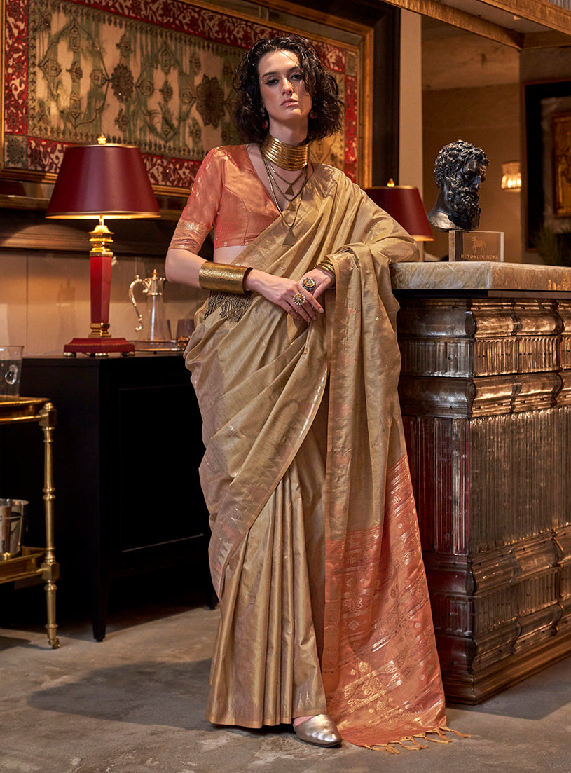 Elegant beige Tussar silk traditional saree with intricate weaving work