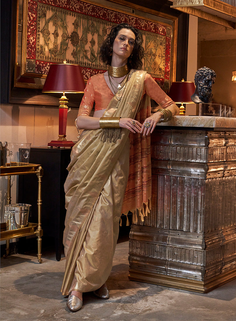 Beige Tussar Silk Saree with Elegant Traditional Weaving Work