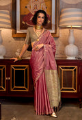 Traditional onion pink tussar silk saree with beautiful weaving work