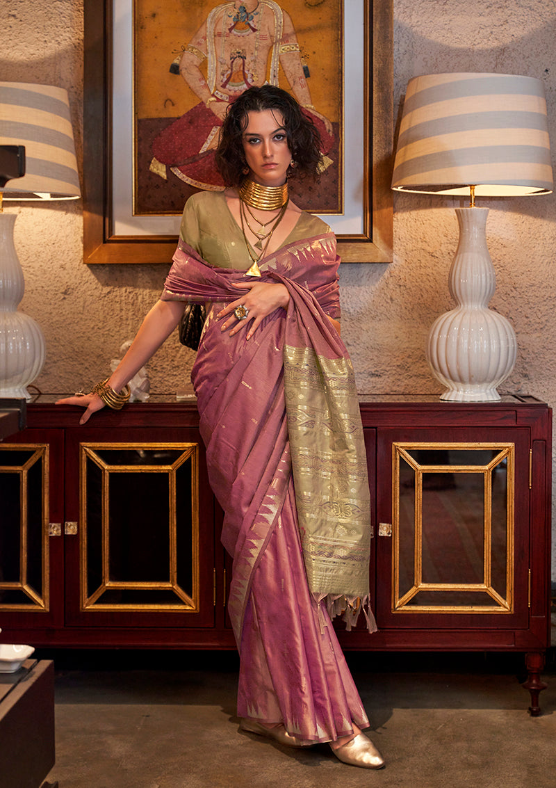 Onion Pink Tussar Silk Weaving Traditional Saree