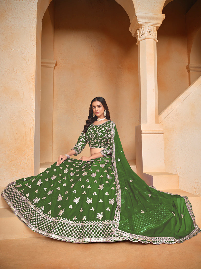 Green Embroidered Art Silk Designer Lehenga Choli