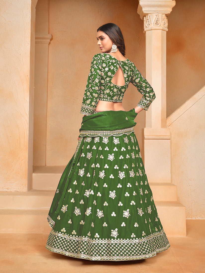 Green Embroidered Art Silk Designer Lehenga Choli
