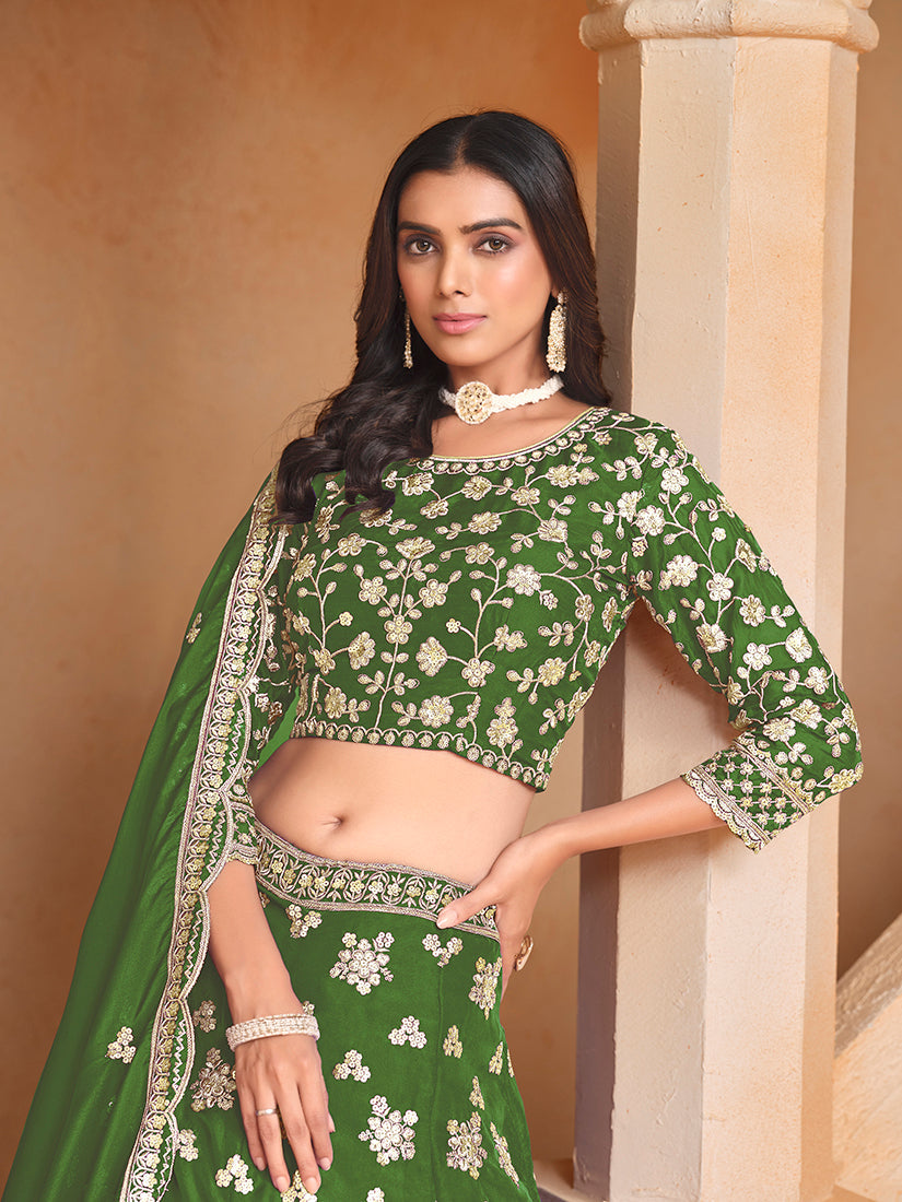 Green Embroidered Art Silk Designer Lehenga Choli