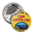 Round 1-inch Camp Crystal Lake button featuring horror movie branding