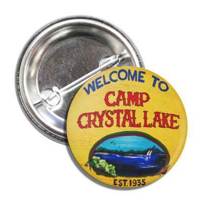 Round 1-inch Camp Crystal Lake button featuring horror movie branding