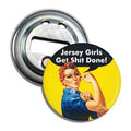 Vintage style Jersey Girls Get Sh-t Done magnet bottle opener in yellow and blue metal