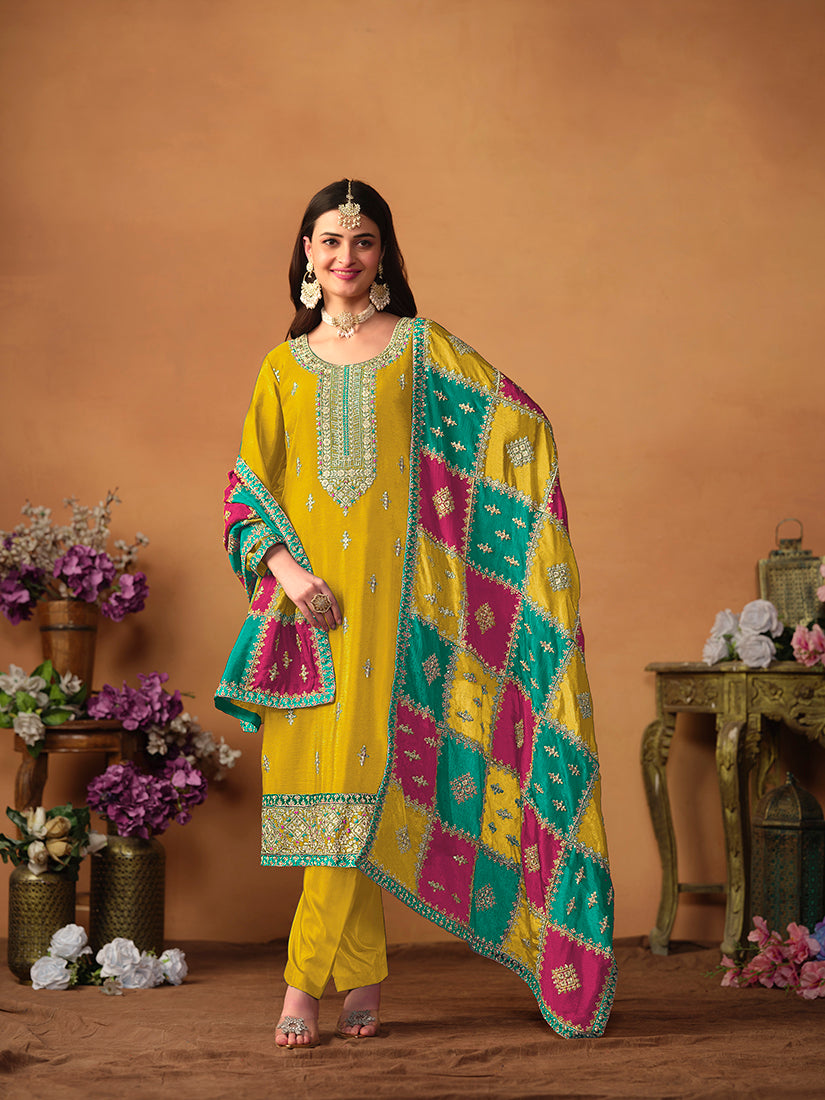 Mustard designer chinnon salwar kameez with embroidered accents