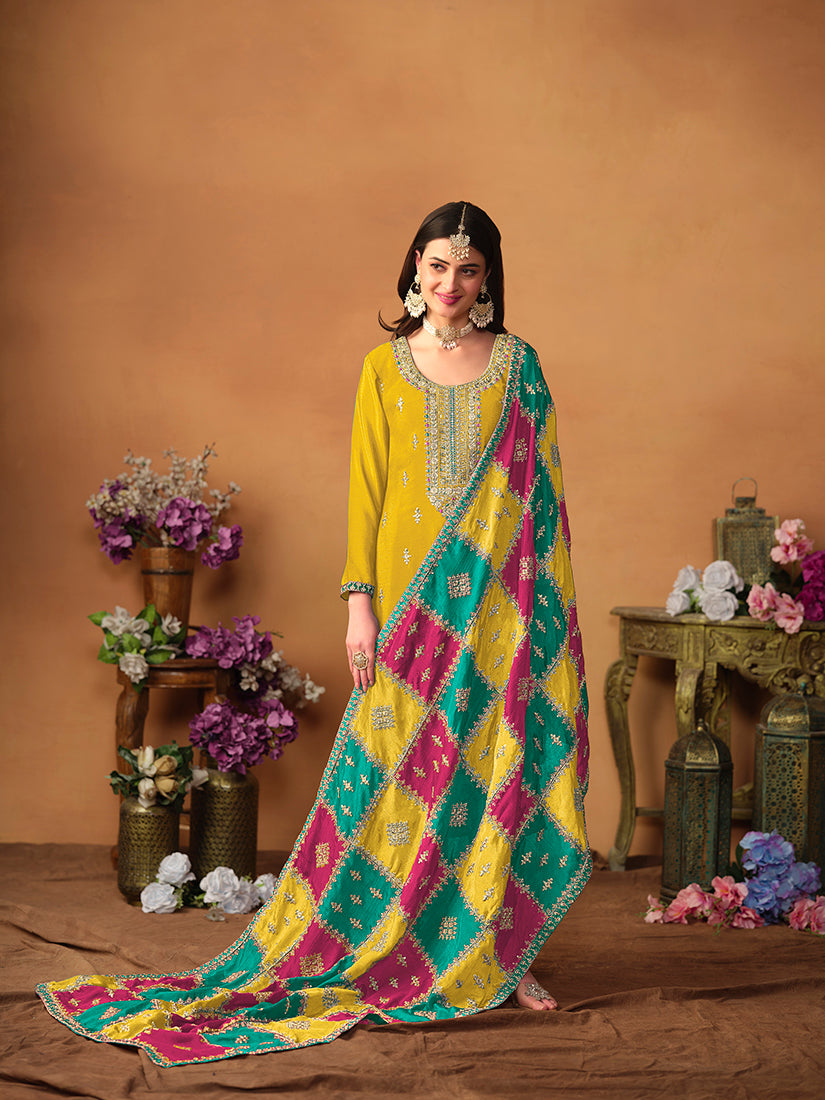 Mustard Chinnon Designer Salwar Kameez with Embroidery