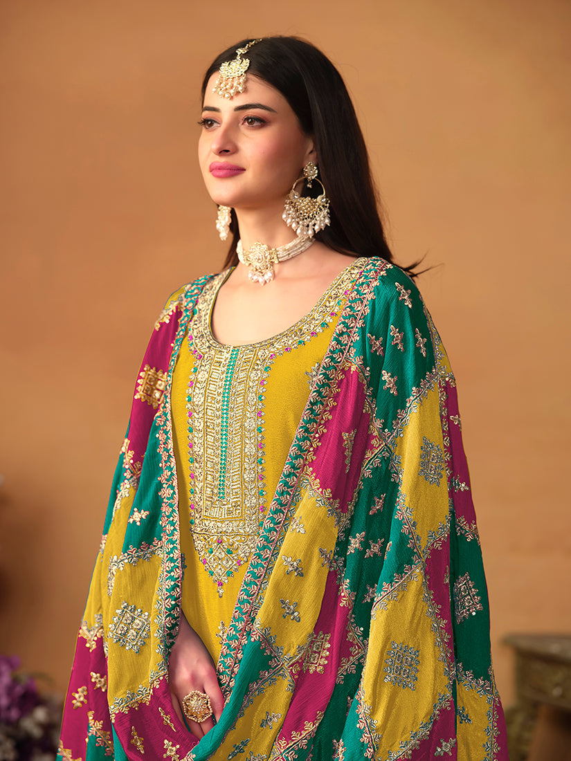Mustard Chinnon Designer Salwar Kameez with Embroidery