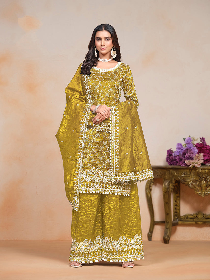 Mustard Art Silk palazzo salwar suit with sequins and ethnic embroidery.