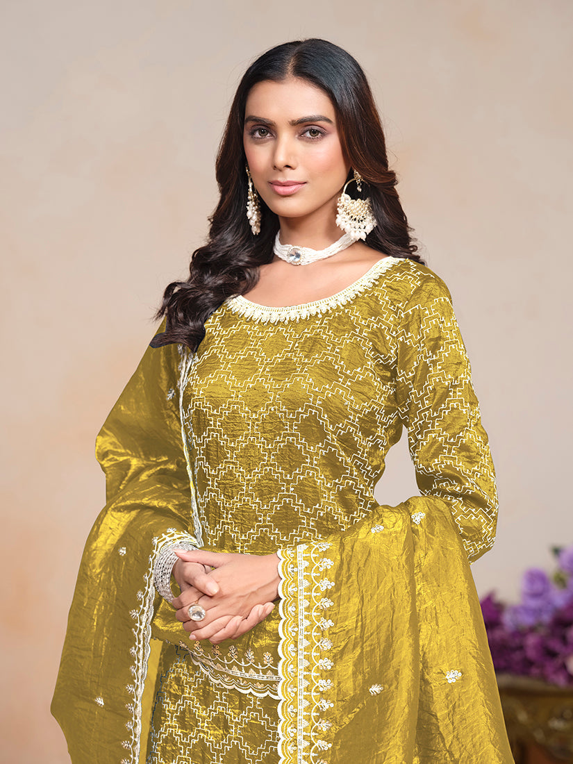 Mustard Art Silk Embroidered Palazzo Salwar Suit