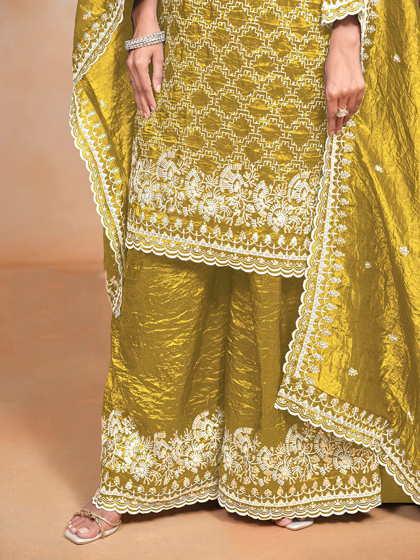 Mustard Art Silk Embroidered Palazzo Salwar Suit