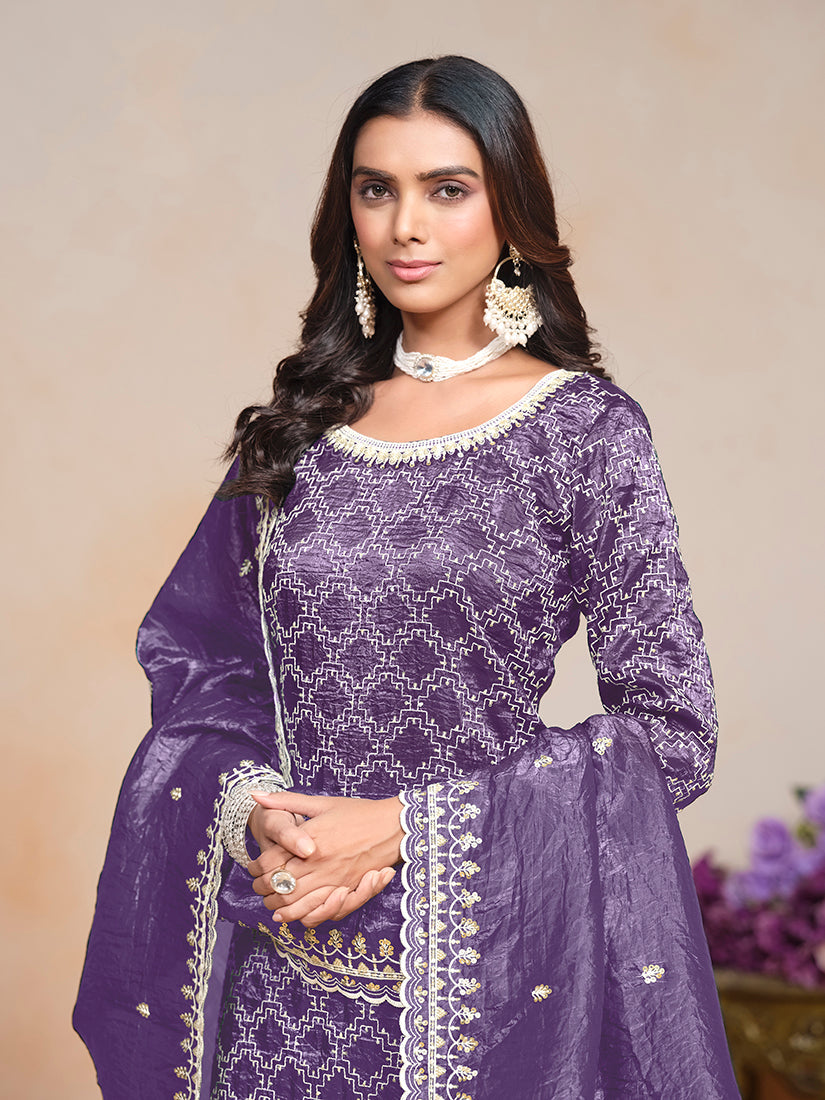 Violet Embroidered Santoon Art Silk Palazzo Salwar Suit