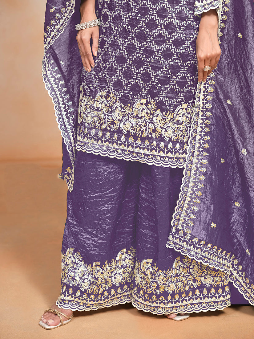 Violet Embroidered Santoon Art Silk Palazzo Salwar Suit