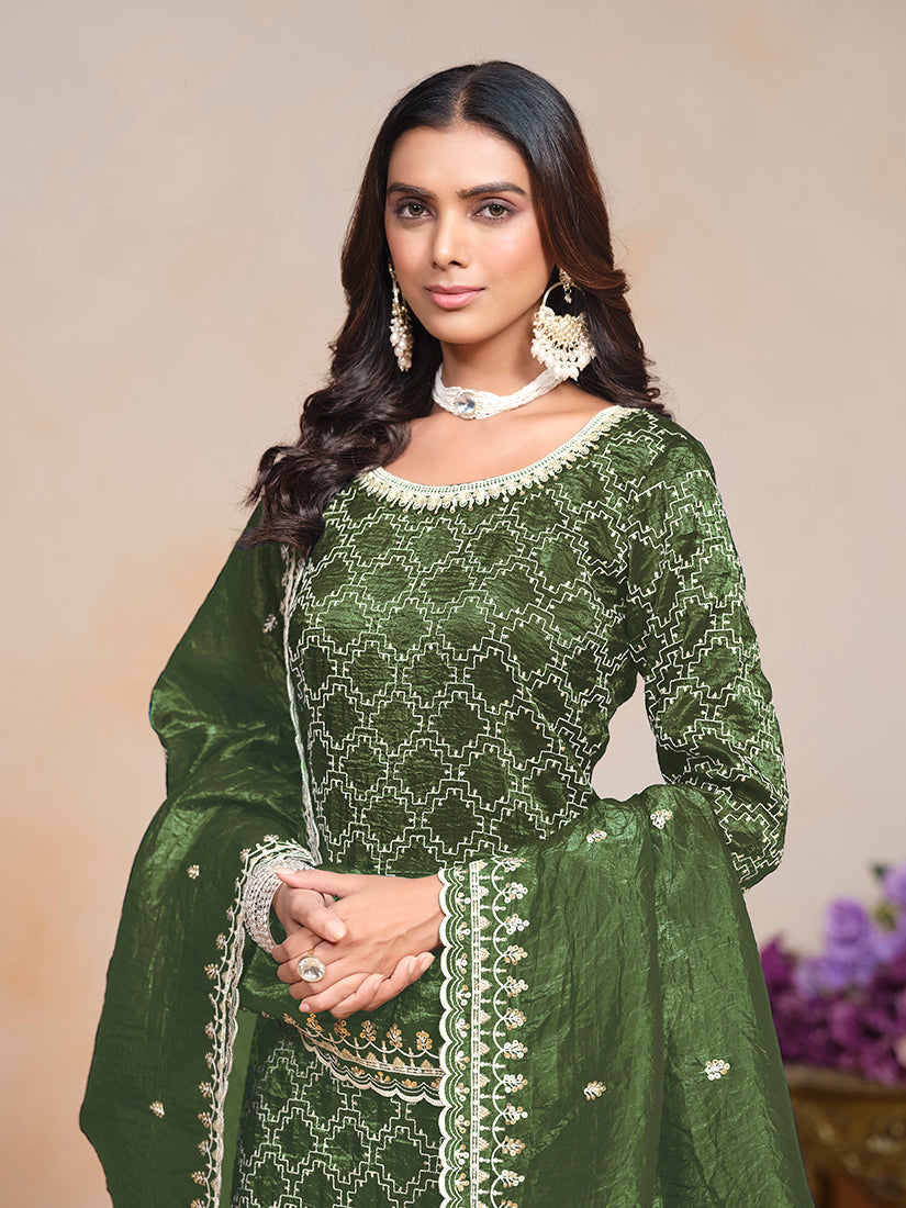 Dark-Green Embroidered Art Silk Palazzo Salwar Suit Set