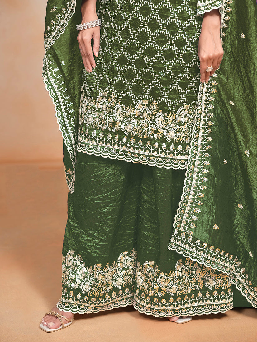 Dark-Green Embroidered Art Silk Palazzo Salwar Suit Set