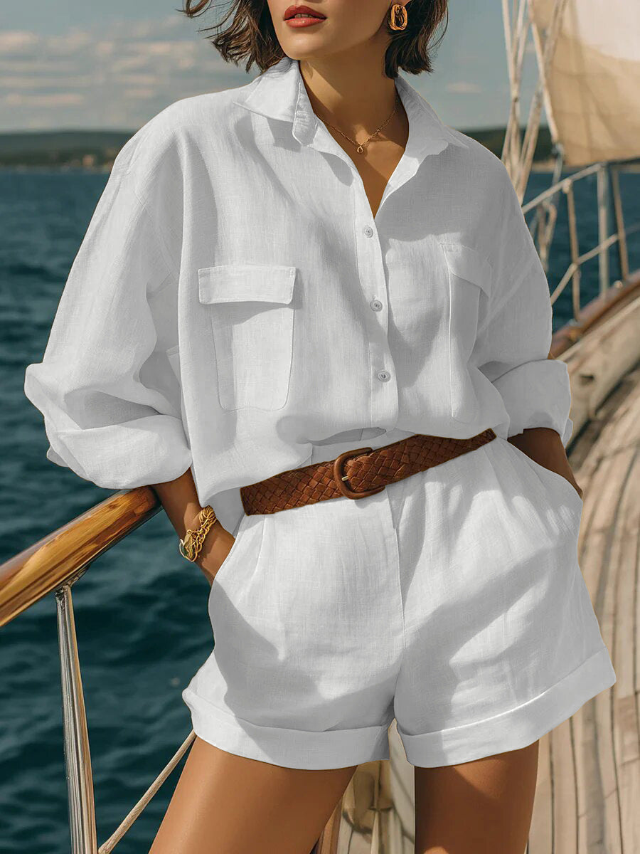 Women's Loose Fit Button Down Shirt and Shorts Casual Set - Image 9