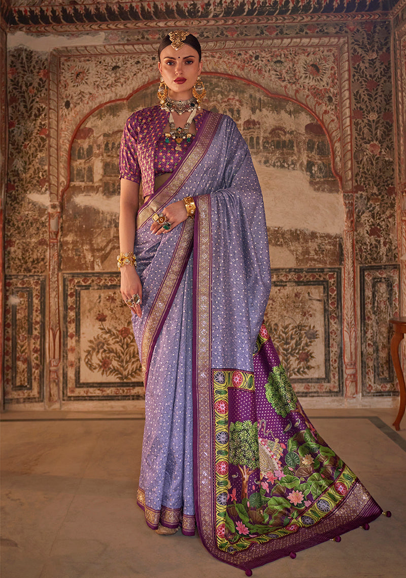 Lavender printed viscose silk traditional saree