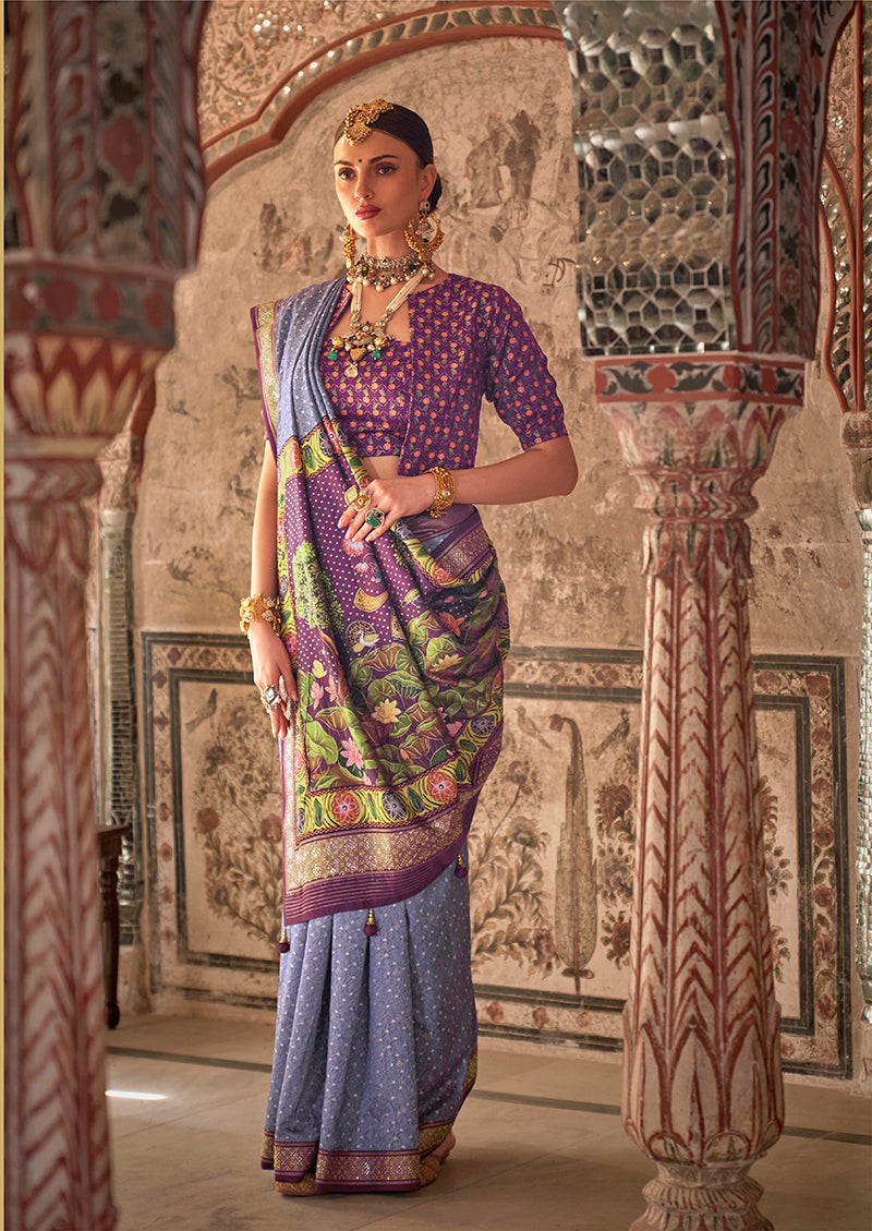 Lavender Printed Viscose Silk Traditional Saree