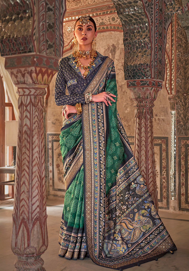 Green printed viscose silk designer traditional saree with elegant drape
