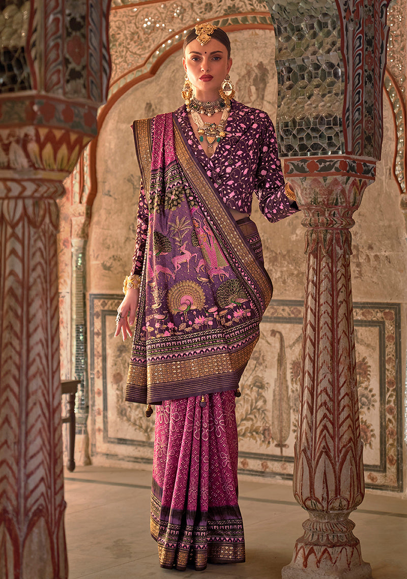 Dark pink printed viscose silk saree featuring a traditional designer aesthetic.