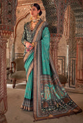 Aqua blue printed viscose silk traditional saree with elegant drape