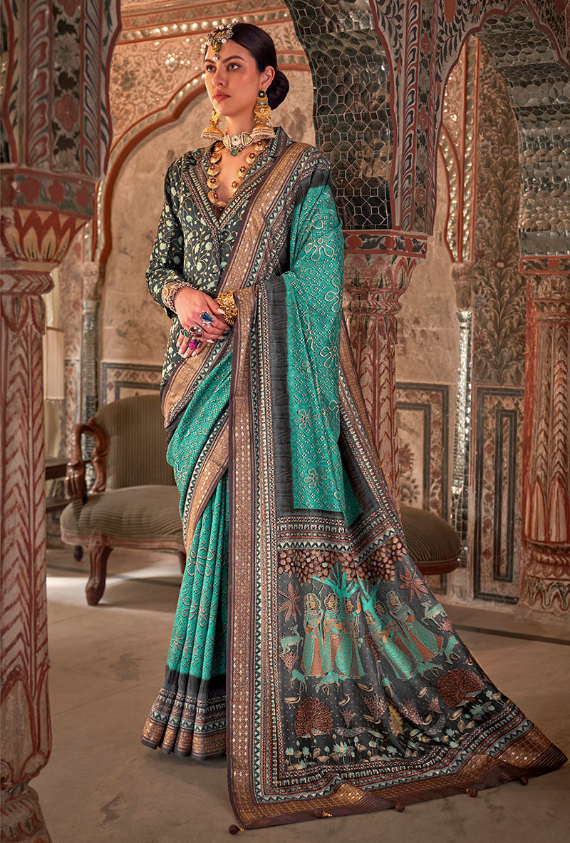 Aqua blue printed viscose silk traditional saree with elegant drape