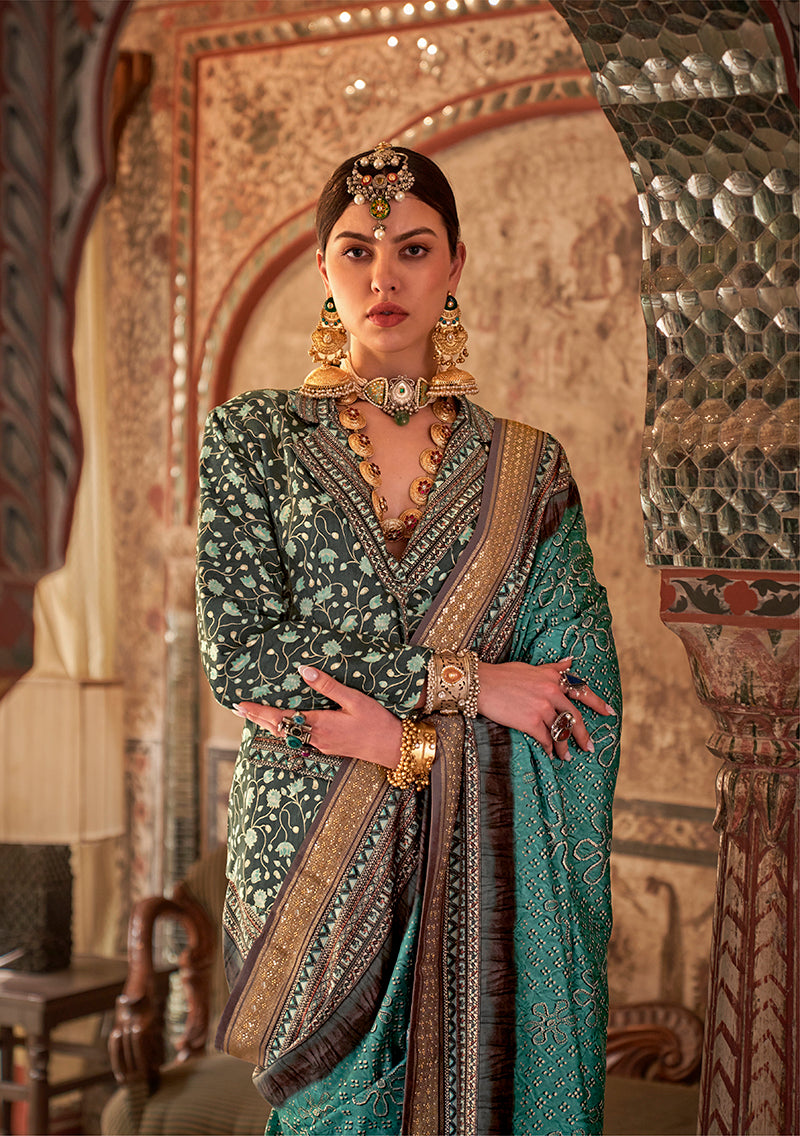 Aqua Blue Printed Viscose Silk Traditional Saree