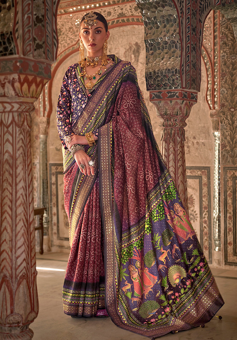 Maroon colored printed viscose silk designer saree