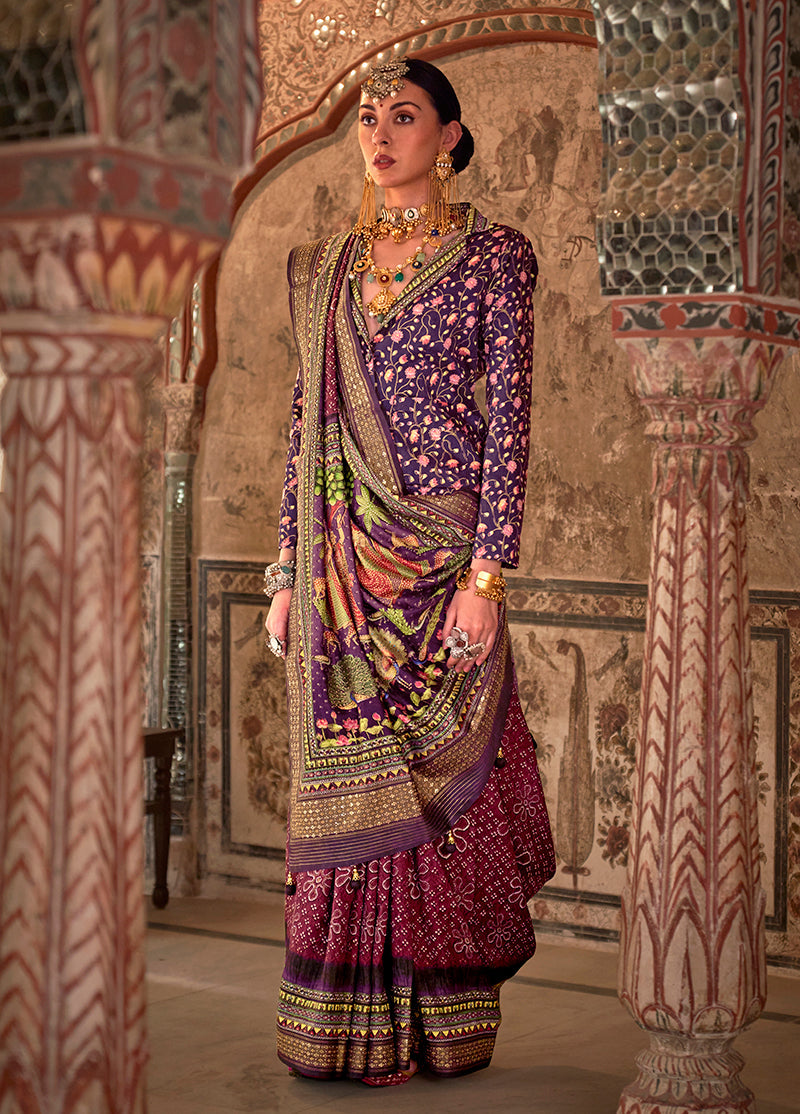 Maroon Printed Viscose Silk Traditional Saree