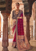 Elegant dark red viscose silk saree with detailed prints.