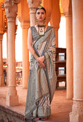 Model wearing a slate grey contemporary viscose saree with intricate foil print work.