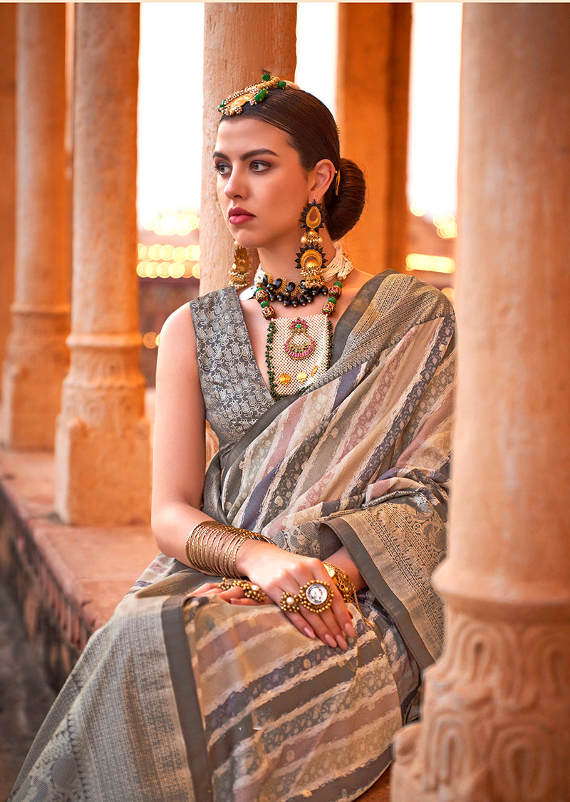Slate Grey Viscose Foil Print Contemporary Saree for Women
