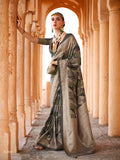 Dark grey viscose saree with shimmering gold foil print detailing