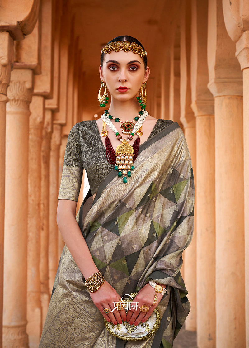 Dark Grey Viscose Saree with Contemporary Foil Print