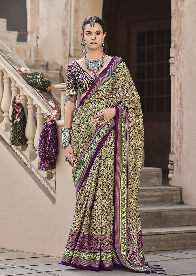 A woman wearing a multi-colour silk patola print traditional saree with geometric patterns