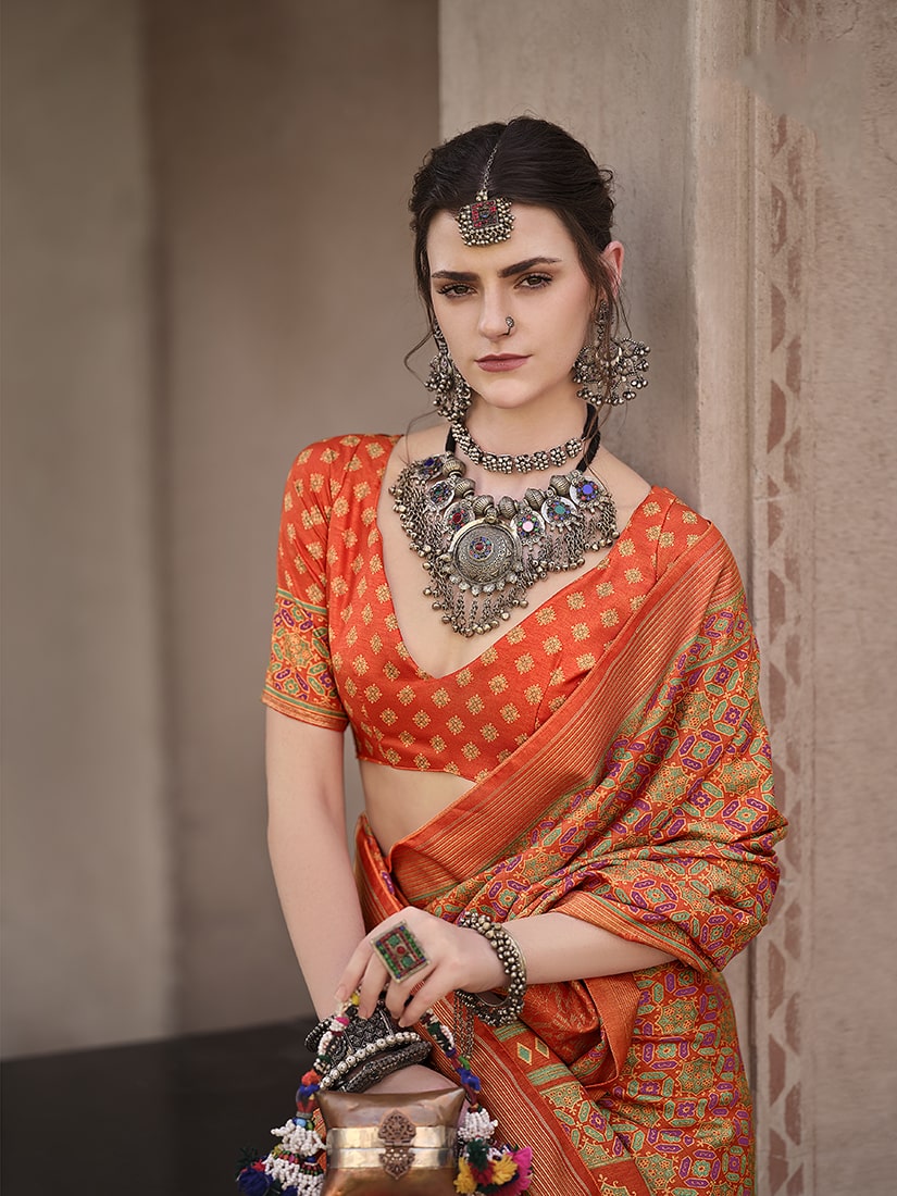 Orange Silk Traditional Saree with Patola Print