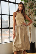 Casual sleeveless washed dress with drawstring waist detail