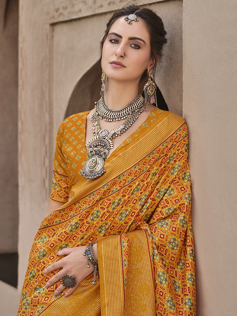 Amber Traditional Silk Saree with Geometric Patola Print