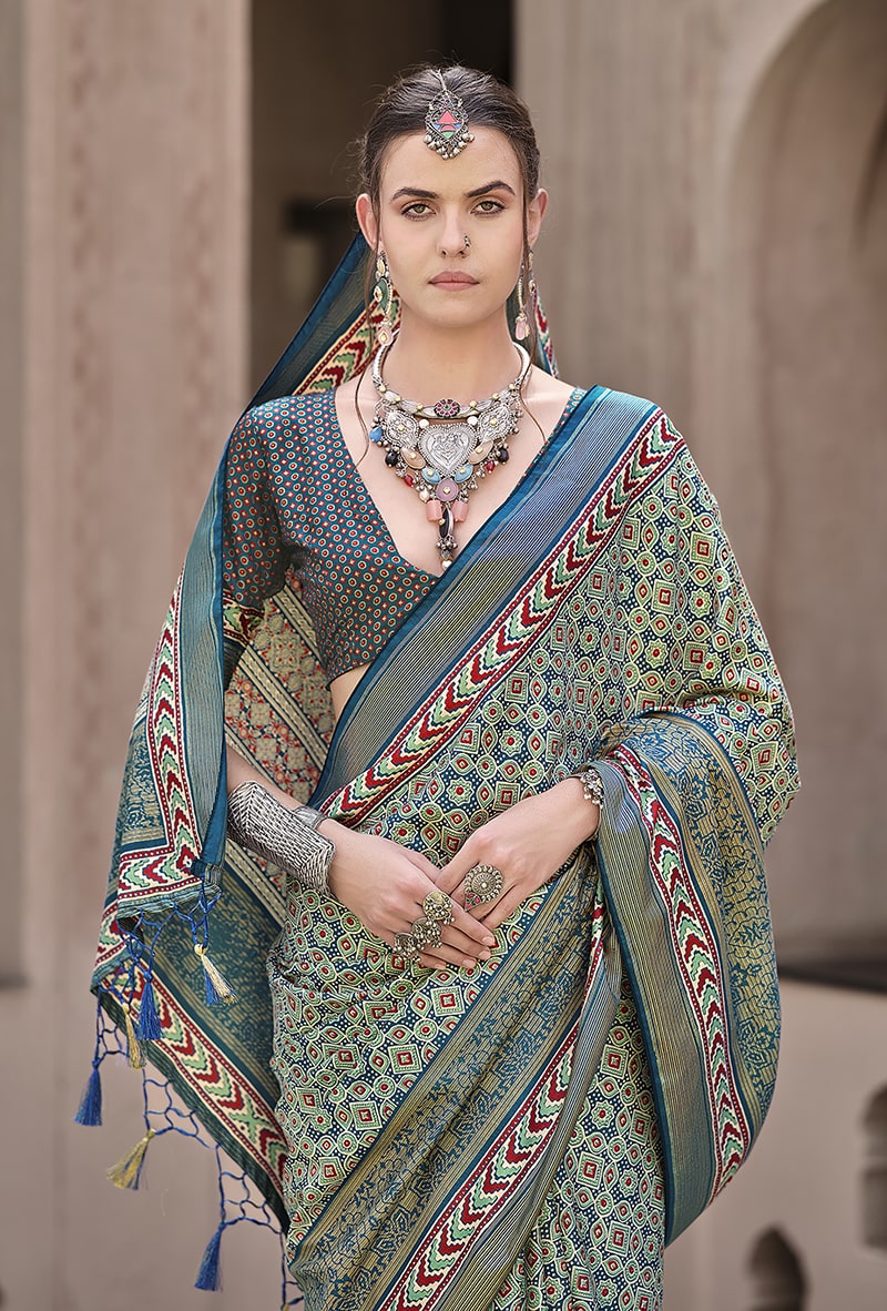 Teal & Blue Silk Patola Print Traditional Saree