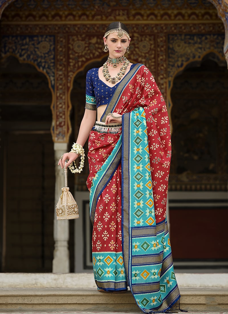 Red and Aqua Blue Silk Patola Print Festival Trendy Saree