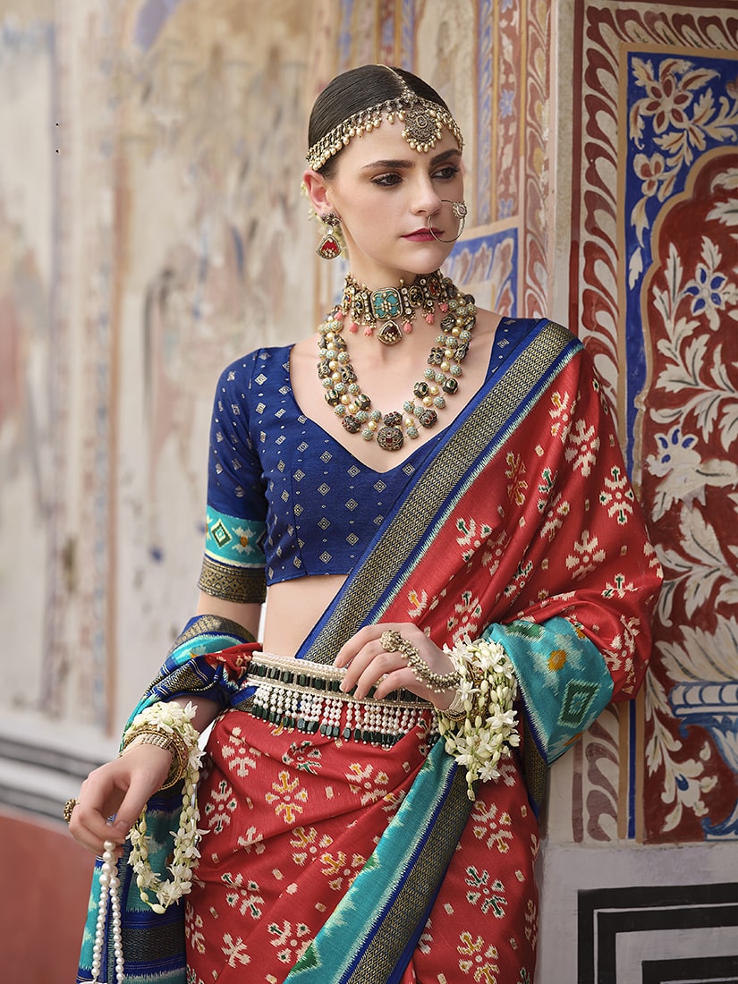 Red and Aqua Blue Silk Patola Print Festival Trendy Saree