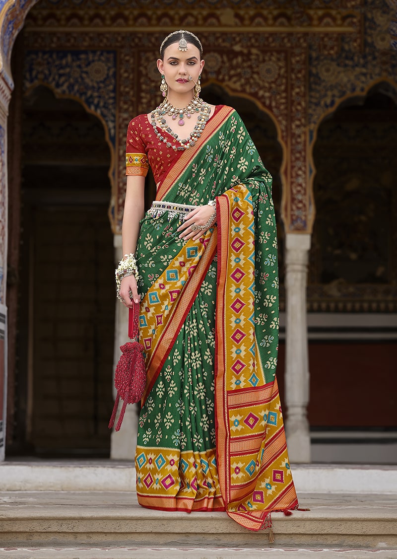 Monjolika Fashion Green And Mustard Patola Print Silk Festival Trendy Saree