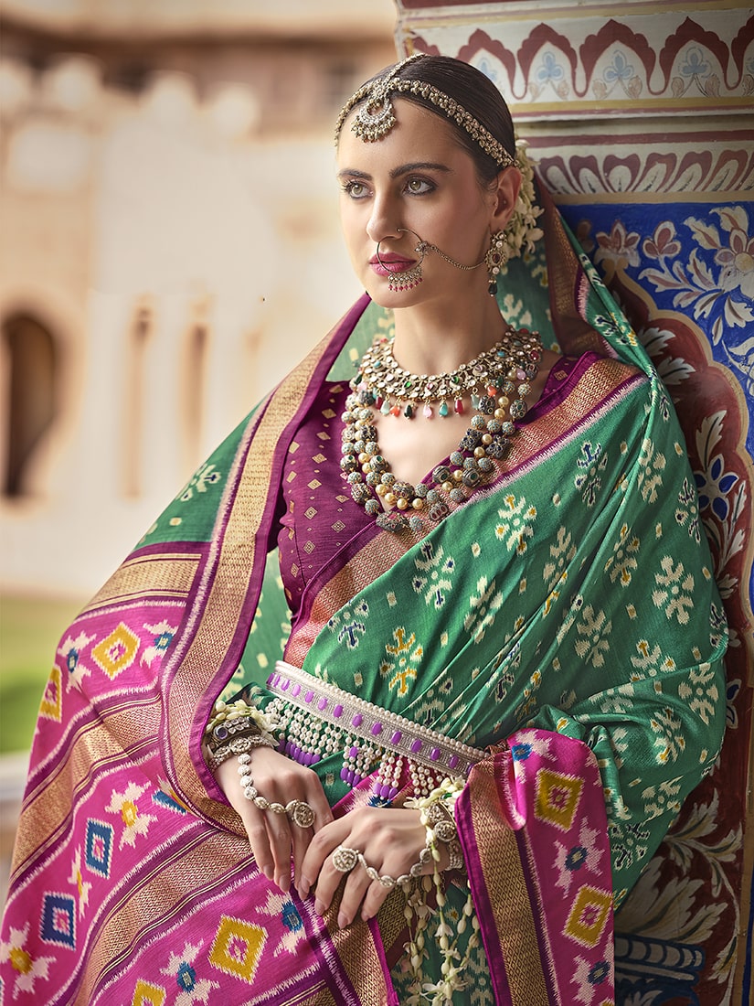 Light Green and Pink Patola Print Silk Festive Saree