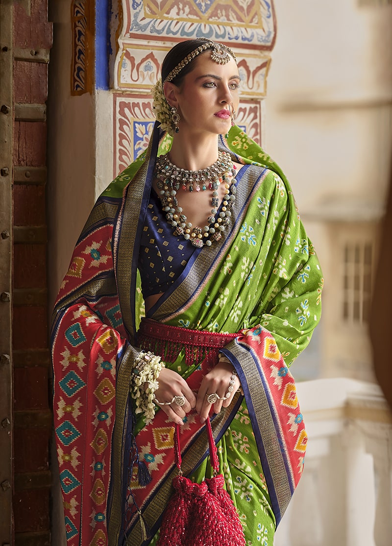 Parrot Green And Red Patola Print Silk Festival Saree