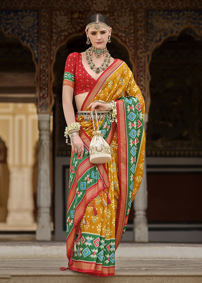 Monjolika Fashion Mustard And Green Patola Print Silk Festival Trendy Saree