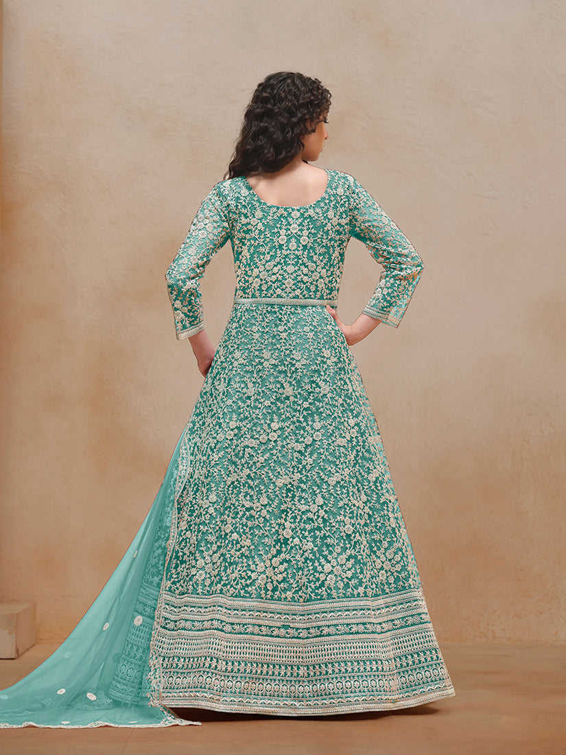 Turquoise Embroidered Santoon Net Salwar Suit Set for Women